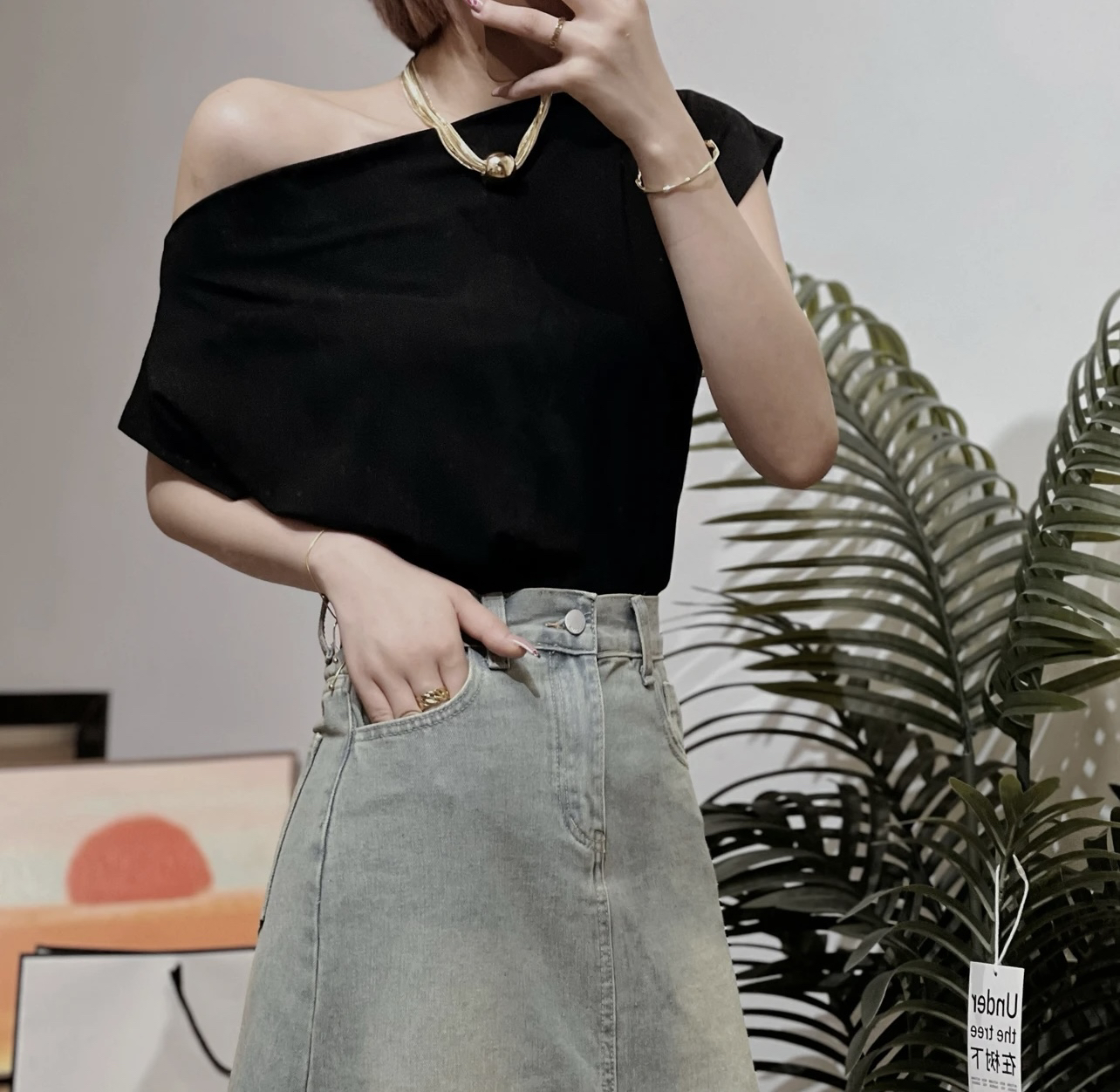 斜肩气质短袖T恤女装新款修身显瘦韩版别致上衣 826