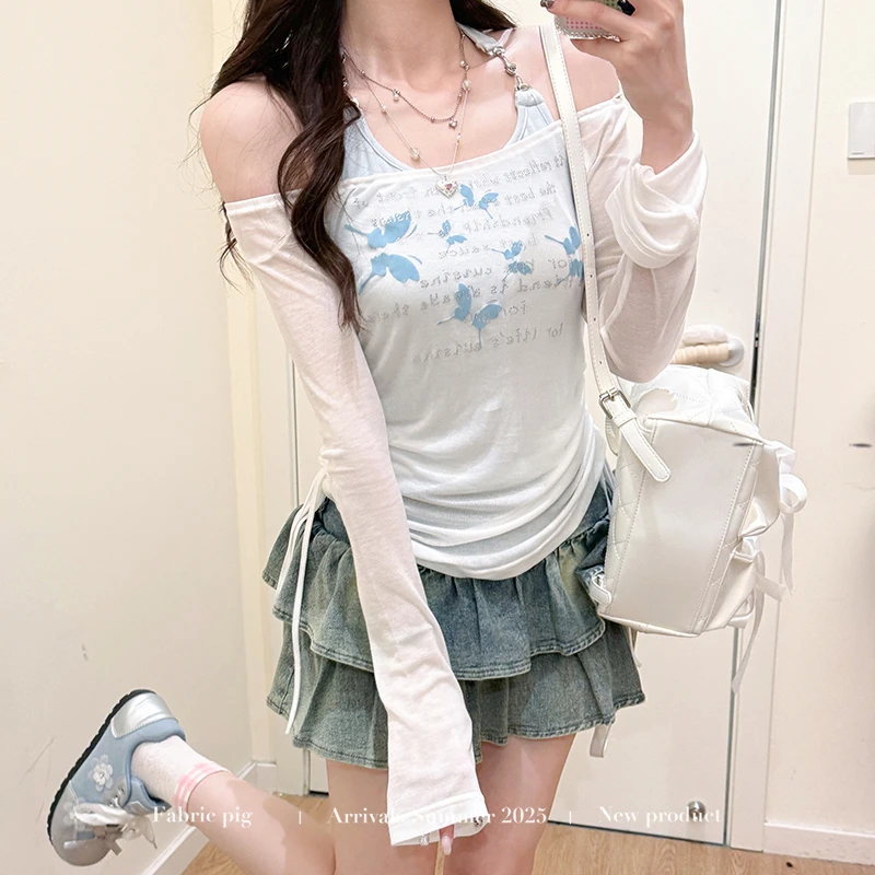 【破价秒发】甜欲风挂脖吊带一字肩上衣女夏牛仔短裙三件套显瘦长袖