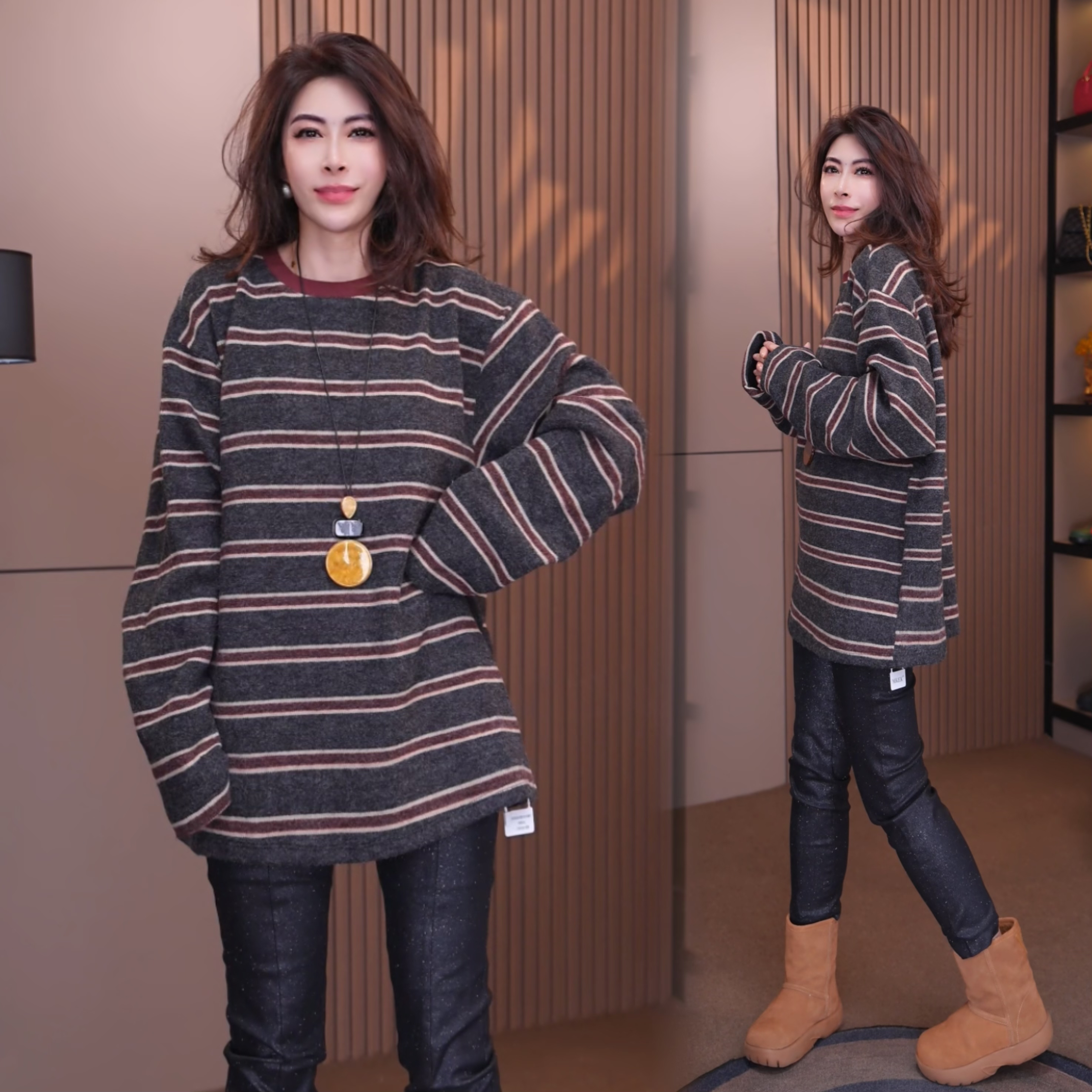 88999#《榜衣》韩版秋冬新款时尚慵懒风加厚条纹打底长袖女T恤显瘦