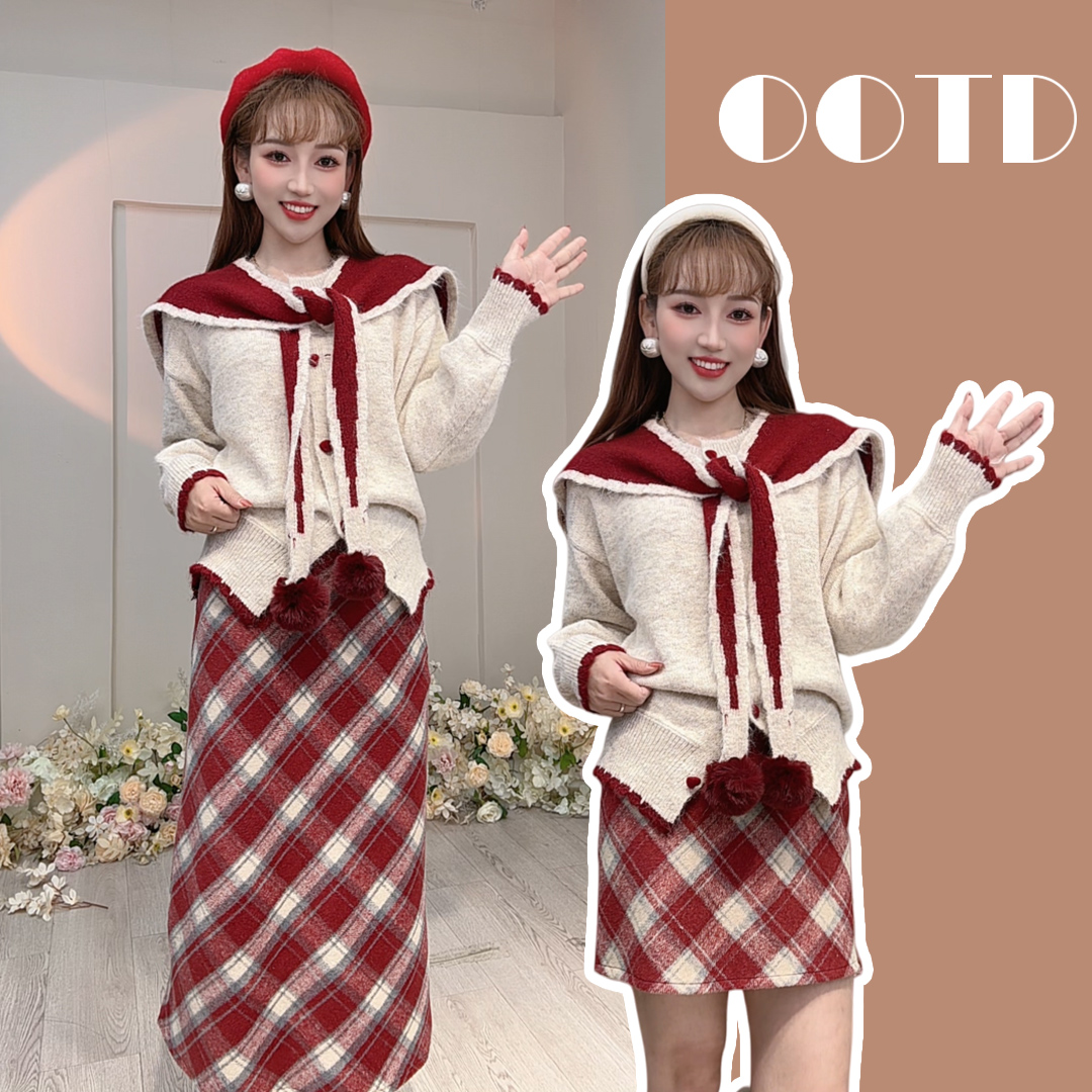 【三件套】A924+A925秋冬甜美加厚毛衣针织+格子半身裙套装