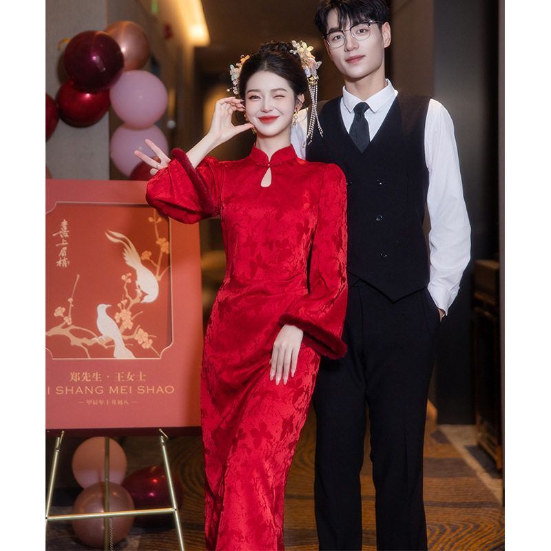 秋冬敬酒服新娘加绒加厚新中式长袖红色旗袍结婚提花订婚回门礼服
