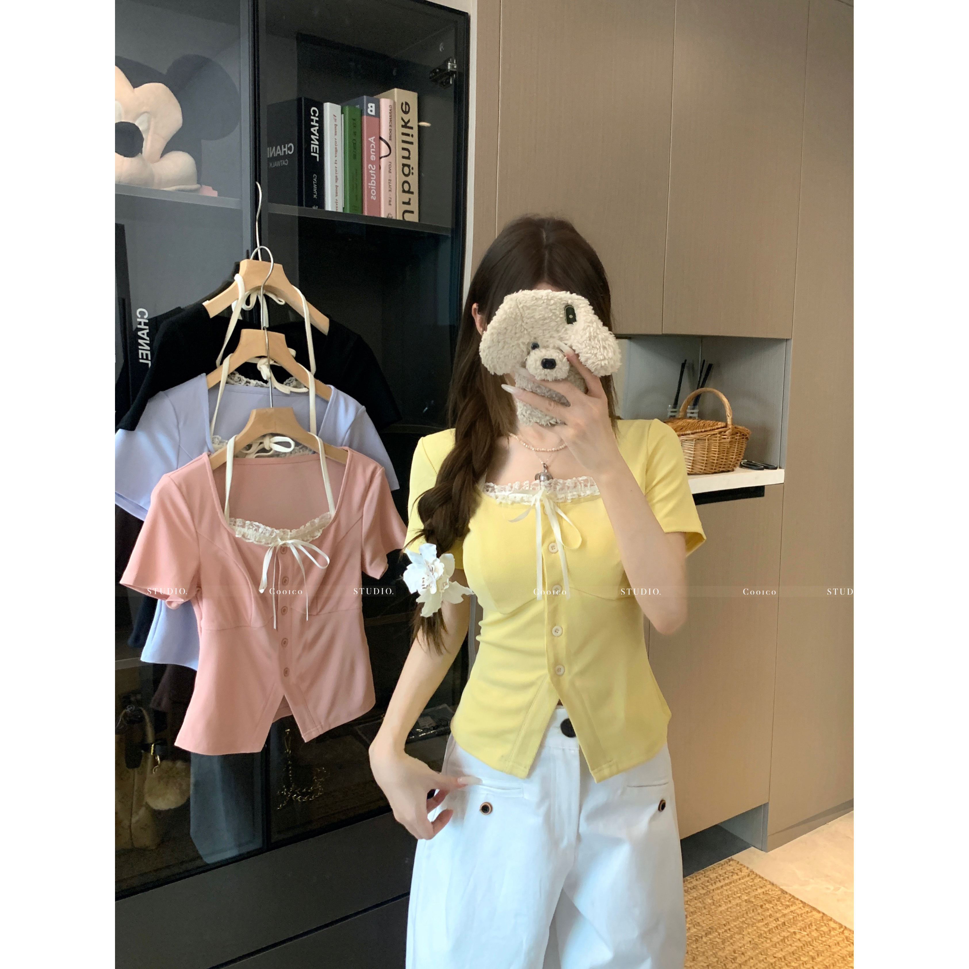 【佳佳】系带正肩短袖女夏季大码V领木耳假两件T恤甜美收腰显瘦上衣