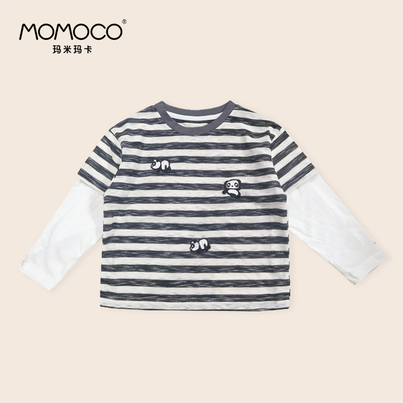 MOMOCO/玛米玛米春秋时尚条纹打底衫熊猫假两件t恤77330235040