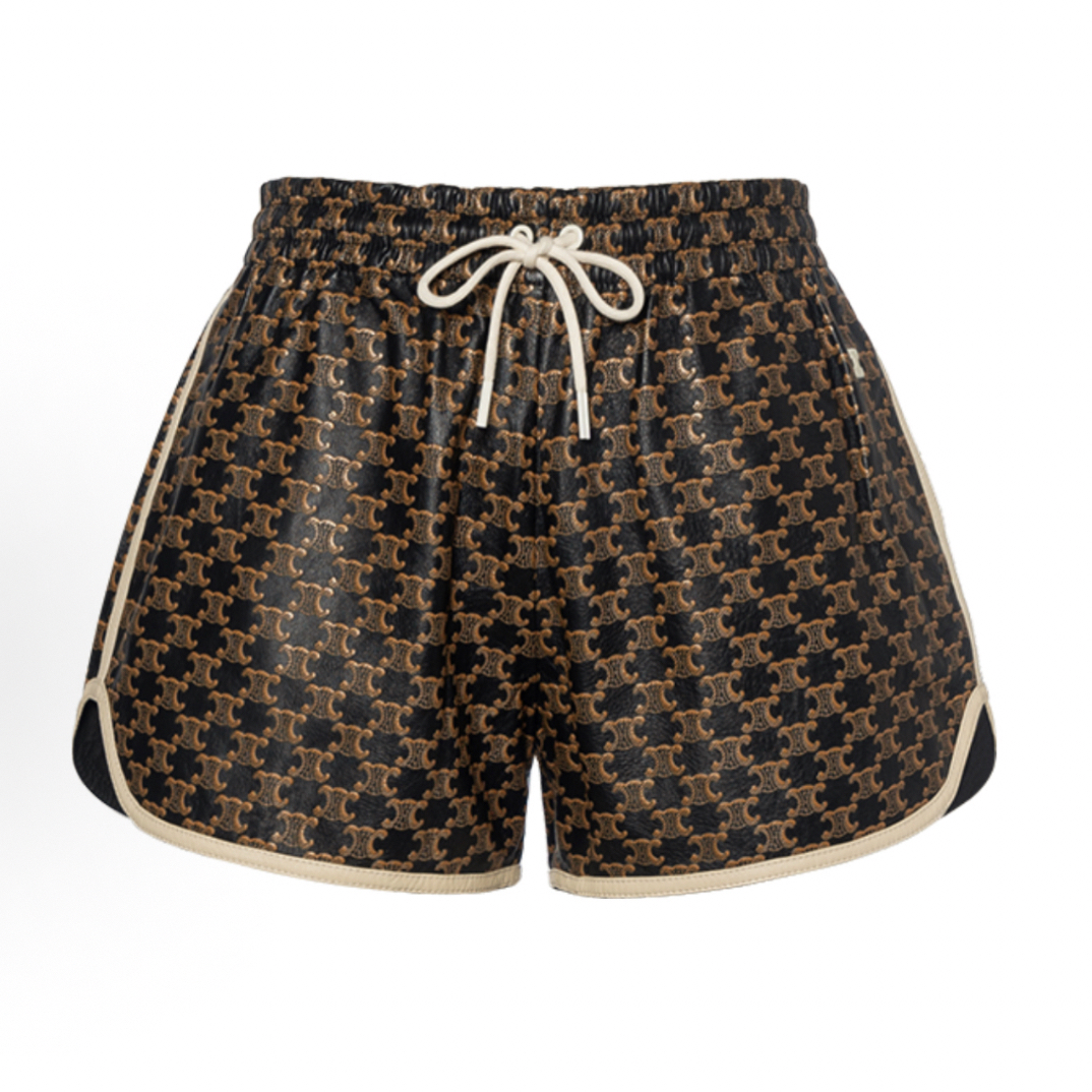 99新 Celine/思琳 交织满印系带皮质休闲短裤 女款焦糖色/dd1018 