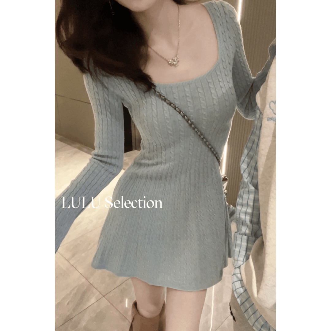 韩系麻花U领长袖针织连衣裙女秋冬季设计感收腰显瘦气质时尚短裙