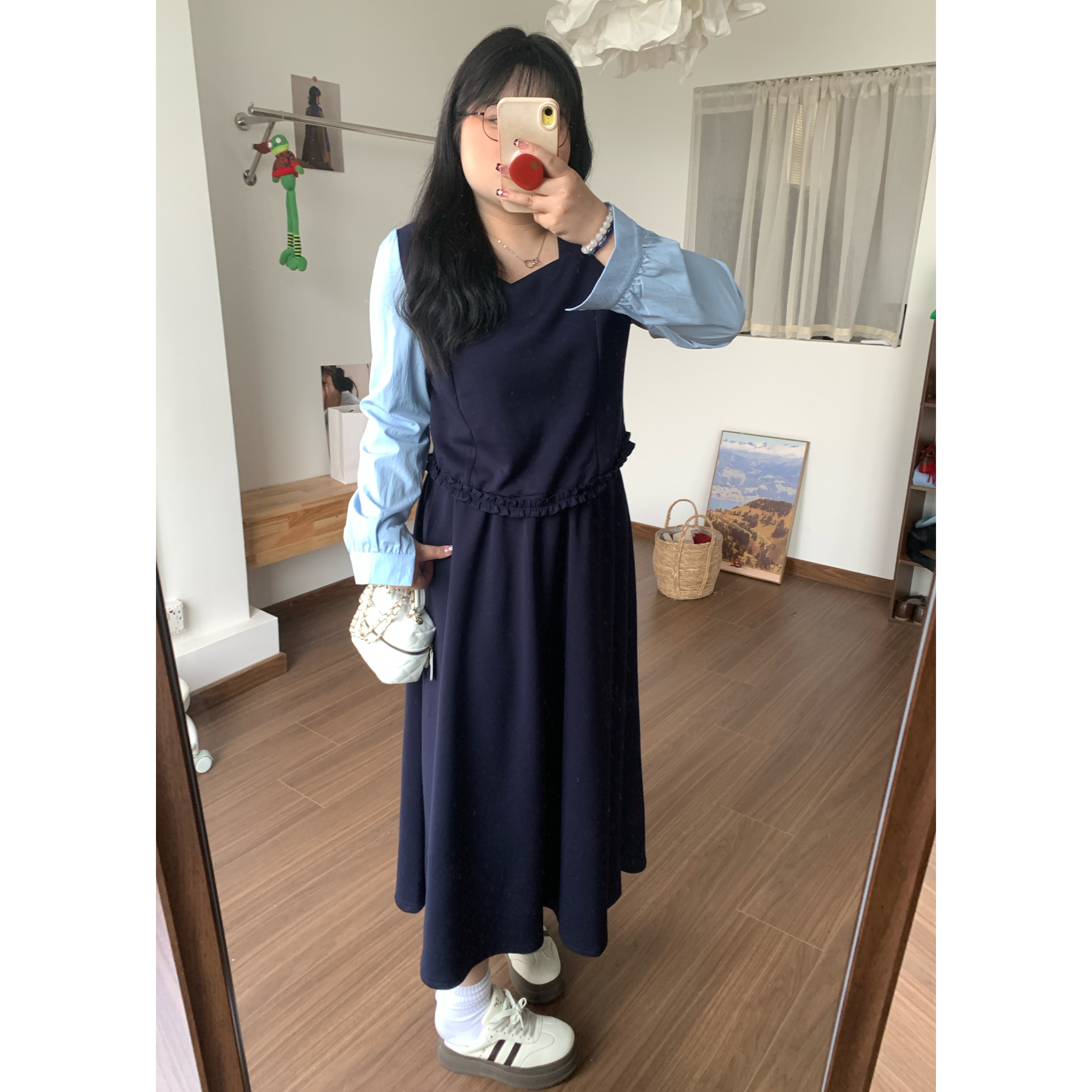 QINGYUS-时尚设计方领拼接T恤微胖显瘦A字中长裙套装春季大码女装