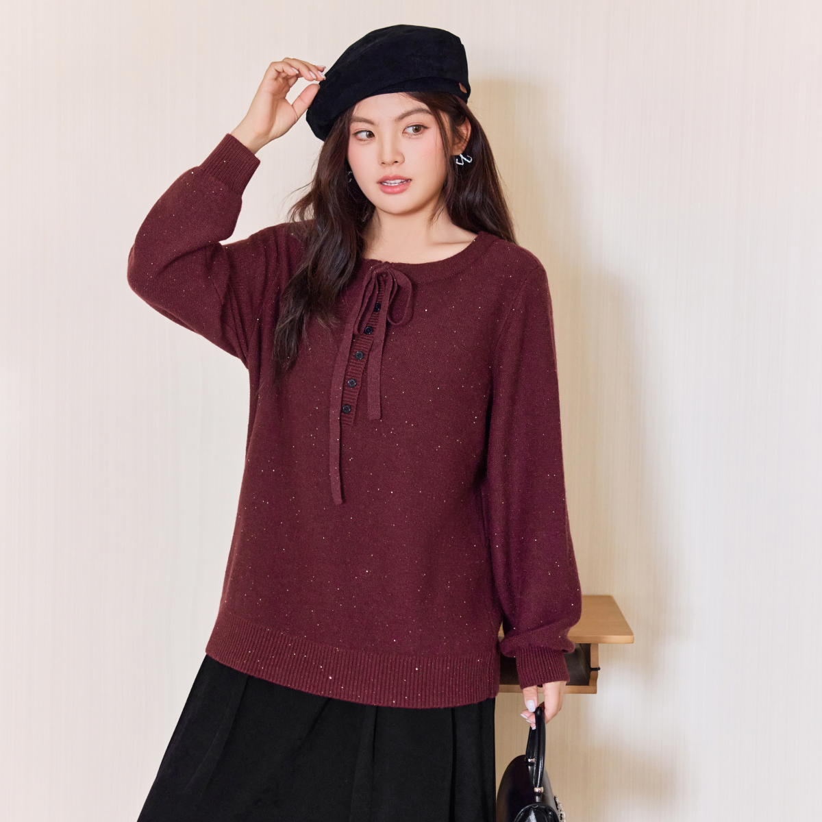 【 亮丝仿兔绒珠片纱】MsShe大码女装冬装气质抽绳毛衣S2512004