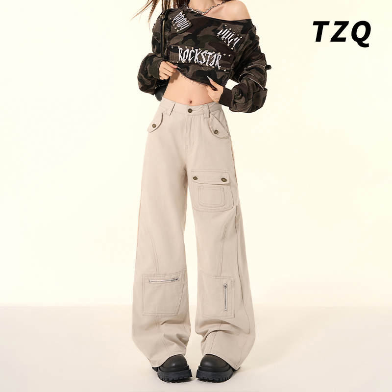 美式工装阔腿牛仔裤女2025新款复古高腰宽松窄版直筒裤TZQ122338