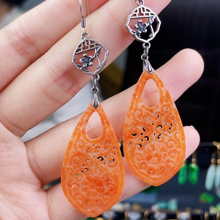 翡翠耳饰银S925镶嵌饰品