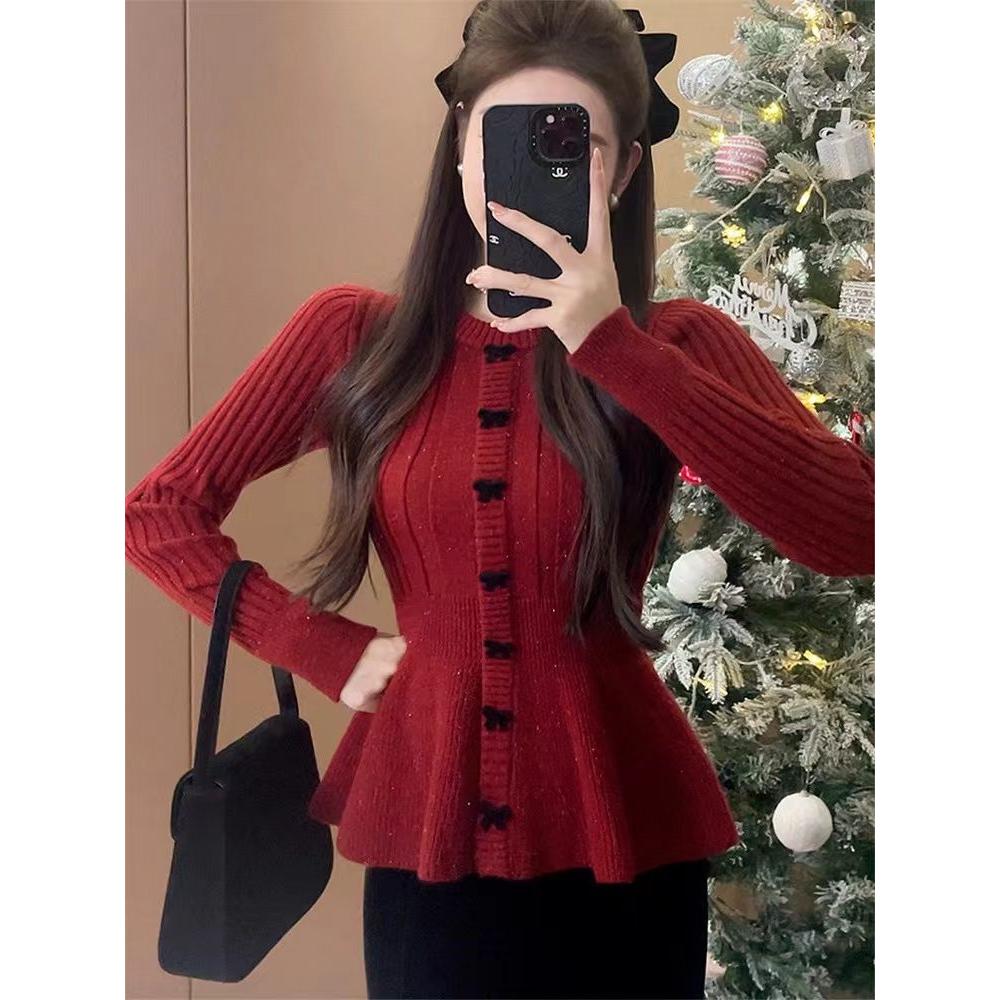 过年新年穿搭红色毛衣女秋冬季2025新款慵懒风内搭打底针织衫上衣