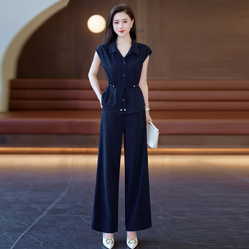 2025夏季新款时尚衬衫套装裤女设计感修身显瘦洋气阔腿裤两件套