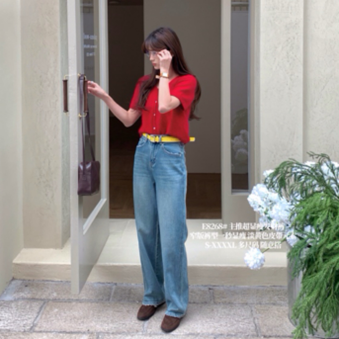 【晗永芳】8268春款窄版直筒裤高腰弹力显瘦牛仔裤宽松拖地长裤小猫