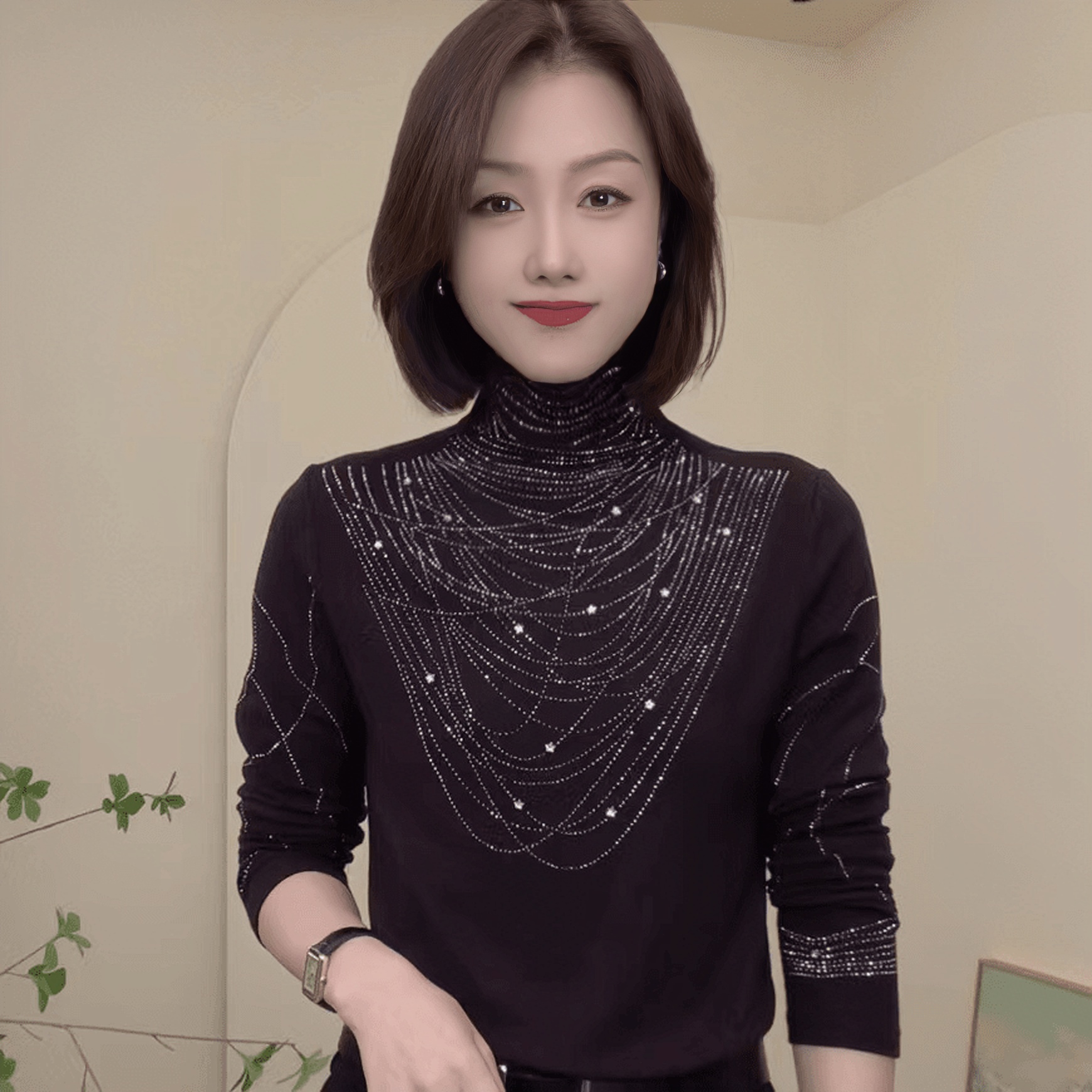 秋冬新款半高领洋气烫钻T恤时尚百搭设计感长袖气质简约女士小衫
