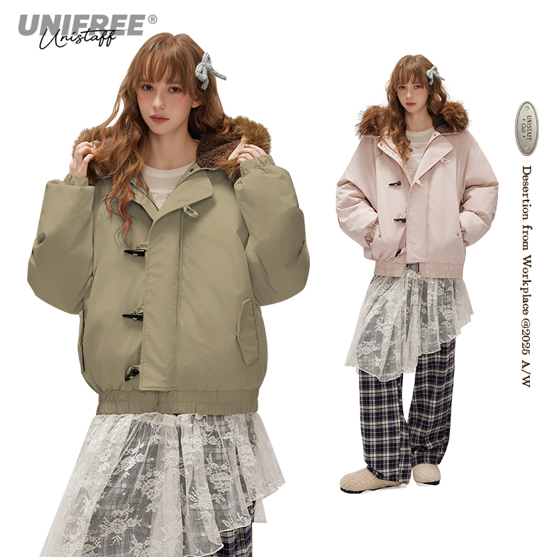 UNIFREE粉色派克棉服女冬季新款美式工装防风保暖大翻肩通勤外套
