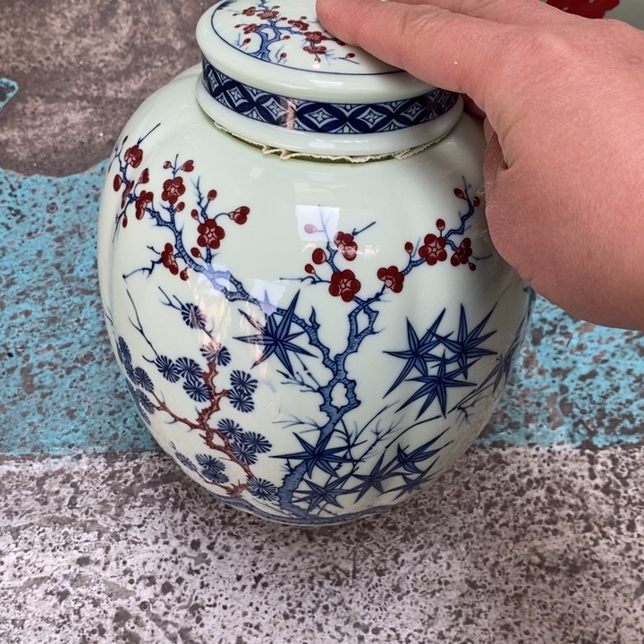 摆件陶绿稀土松竹梅罐子