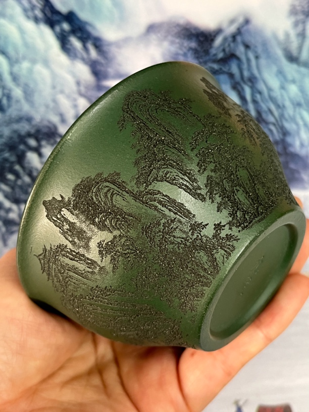 宜兴紫砂茶杯绿泥山水100cc刻绘主人杯品茗茶具福利特价