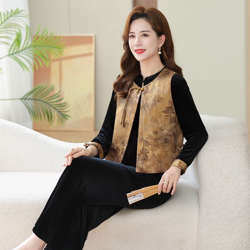 【沐丹阁】马甲三件套中式妈妈春秋季金丝绒套装洋气国风中老年女装