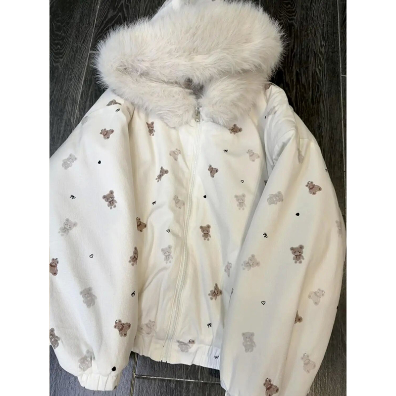 学院风可爱小熊毛绒连帽棉服外套女冬季新款宽松显瘦保暖棉袄上衣