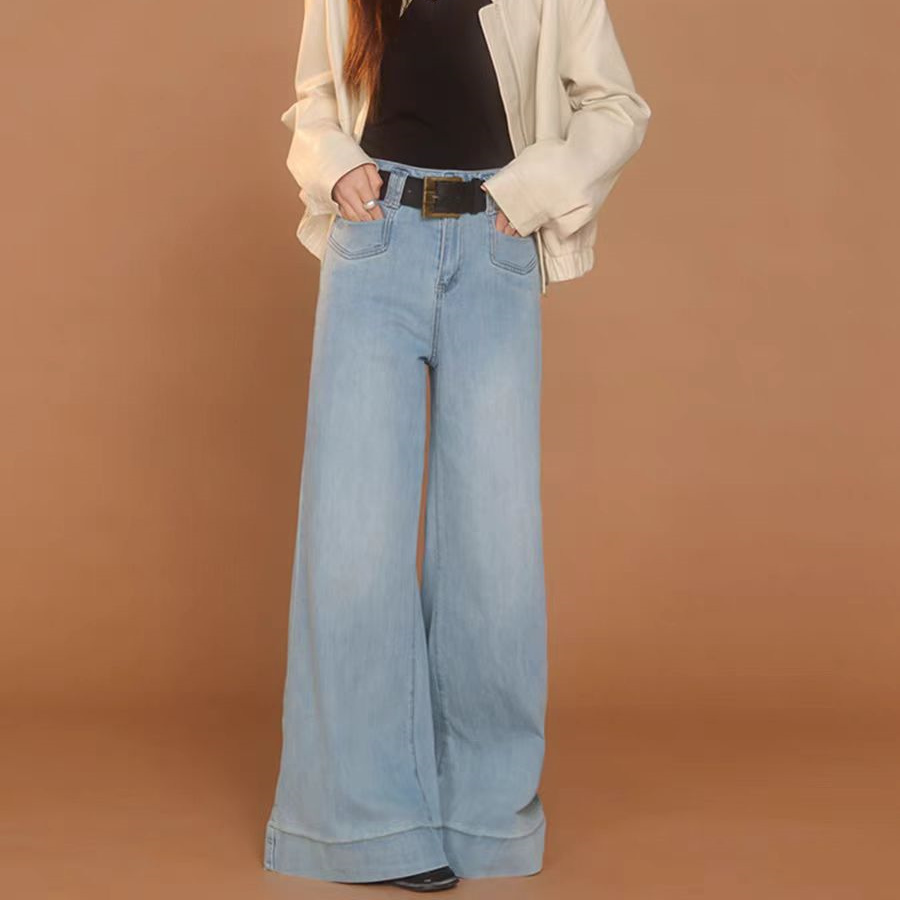 Queen Date 牛仔裤女水洗蓝口袋阔腿尚酷 QD25SSEMO002