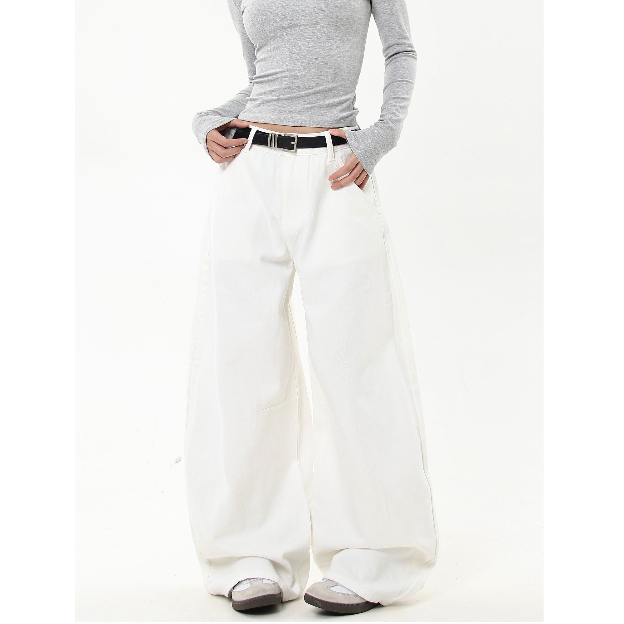 秋季美式复古高级感白色不透弯刀牛仔裤男女cleanfit宽松阔腿裤子