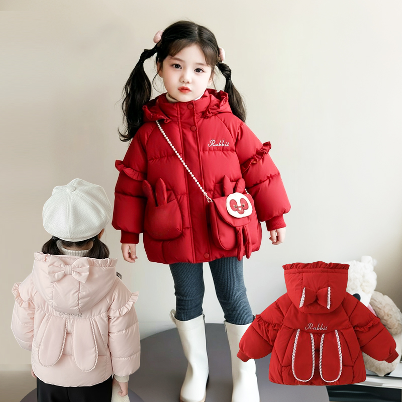 送包包女童2025冬季加绒加厚棉服新款公主冬季洋气冬装棉袄外套