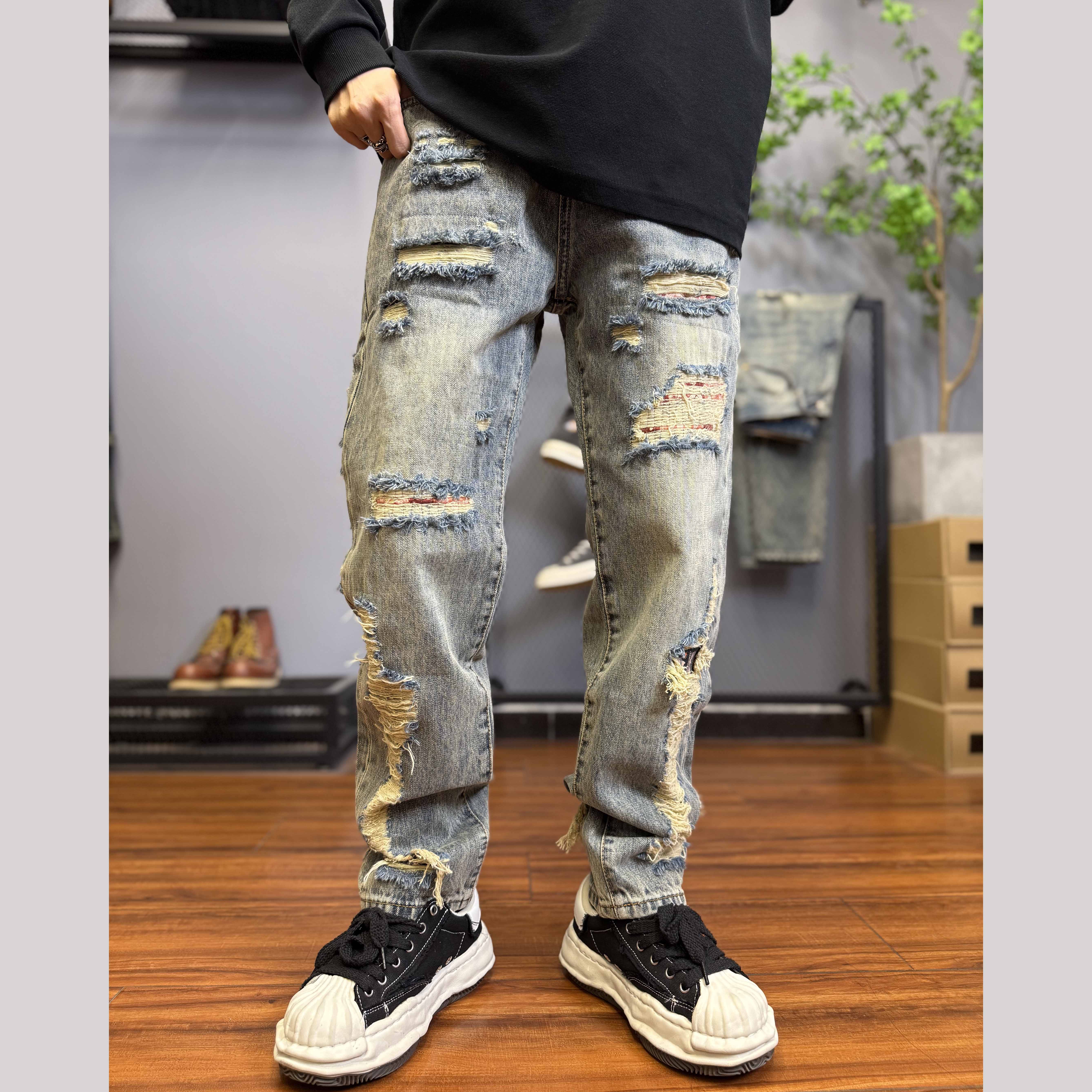 破洞印花秋冬水洗做旧无弹长裤牛仔裤复古拼接裤子美式高街C9023