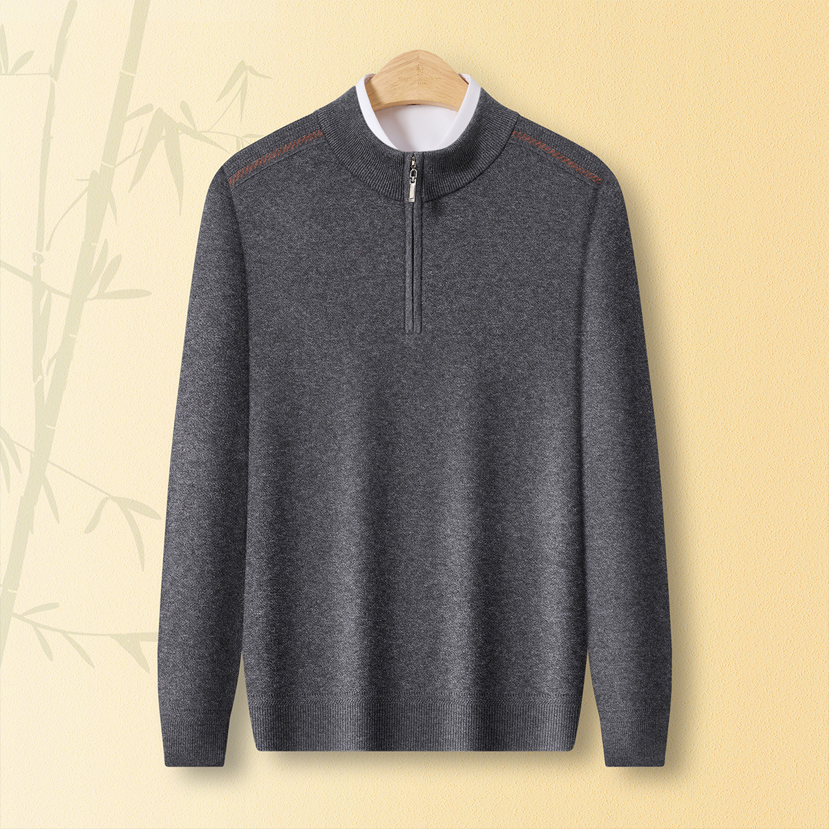 【男士精品】春竹25秋冬半高领半襟拉链商务通勤毛衣加厚款纯羊毛衫