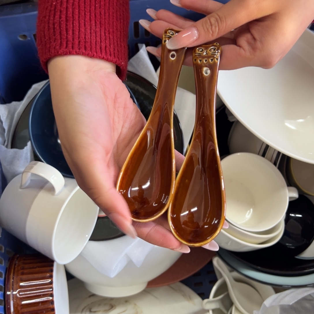 新骨瓷123瑕疵慎拍琥珀棕 小猫咪勺子 