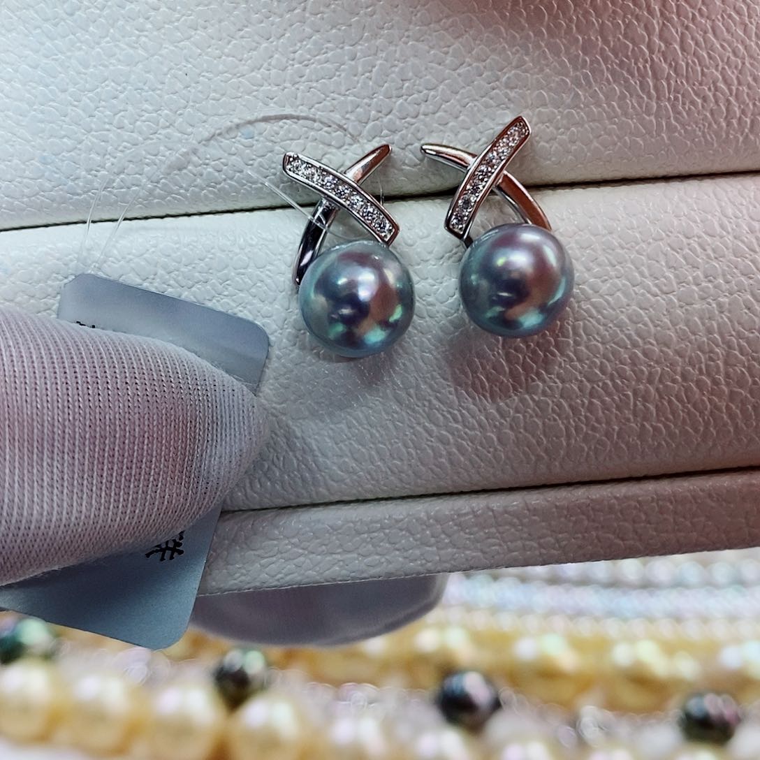 银S925镶嵌耳饰海水珍珠8-9