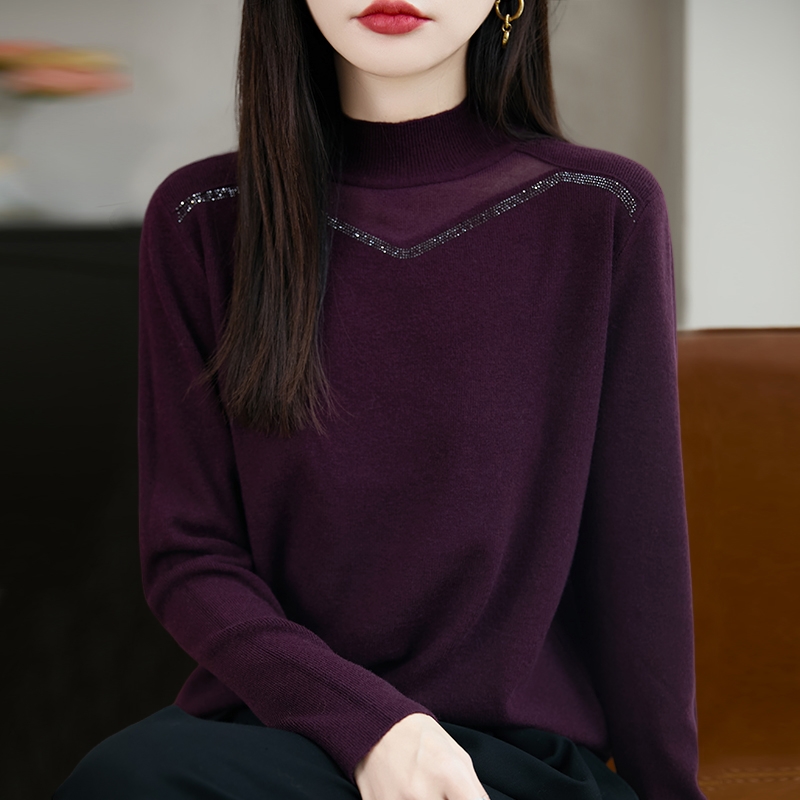秋装2025新款大码蕾丝打底衫女宽松遮肚子显瘦秋冬半高领针织毛衣