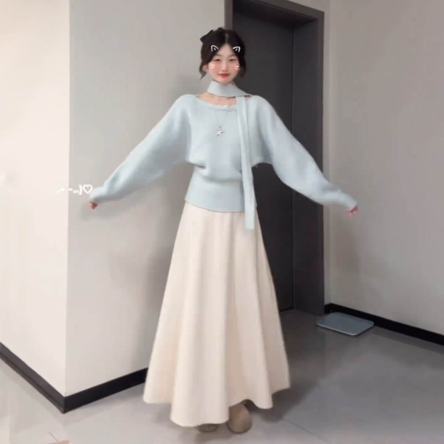 韩系慵懒露肩飘带长袖针织衫毛衣女秋冬新款宽松显瘦时尚穿搭上衣