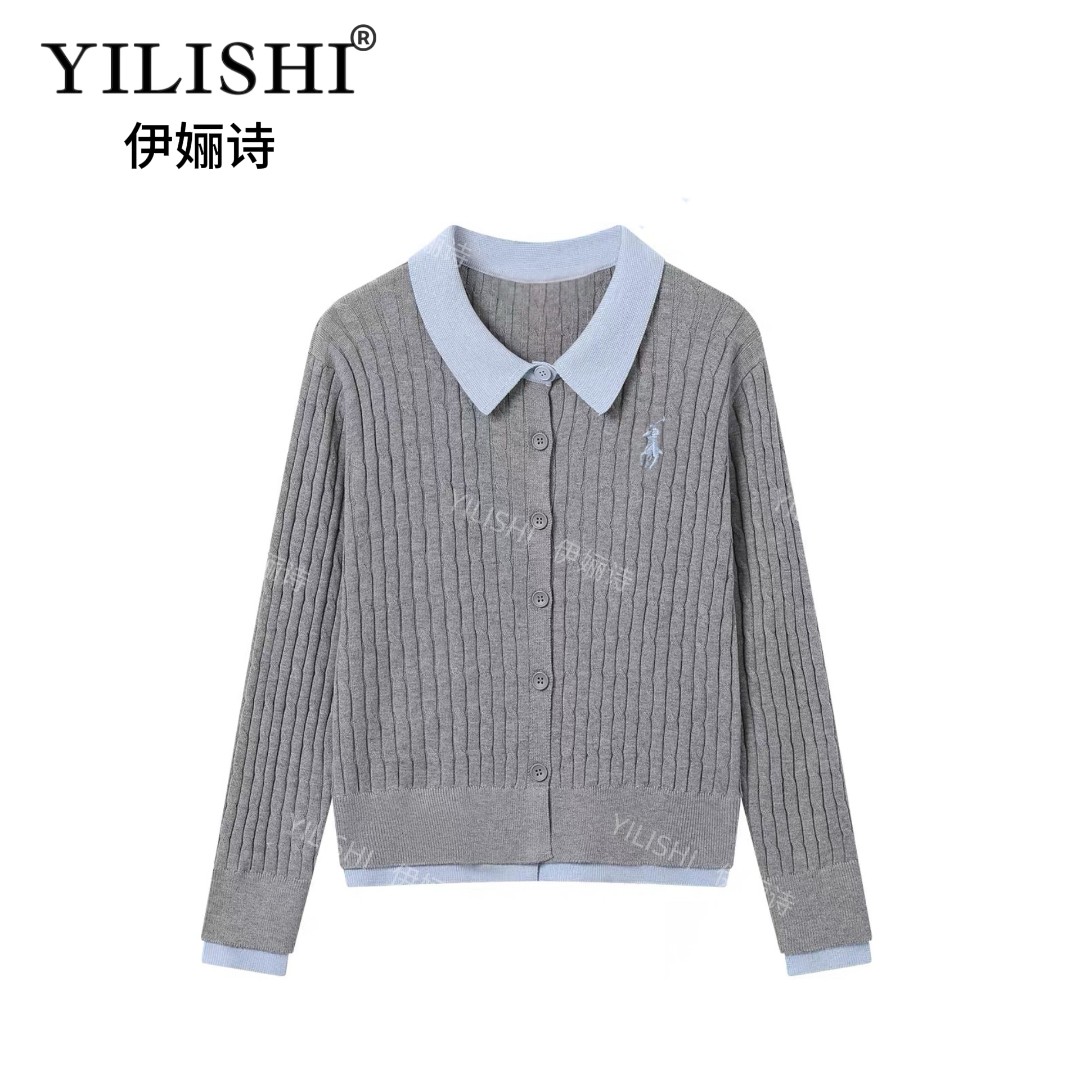 高级灰正肩popl领假两件简约衬衫拼接开衫英伦风针织开衫外套A24