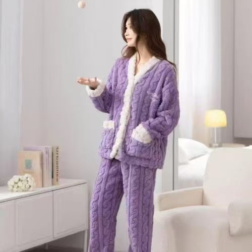 {反季清仓}冬季可外穿加绒加厚睡衣保暖珊瑚绒加绒家居服套装