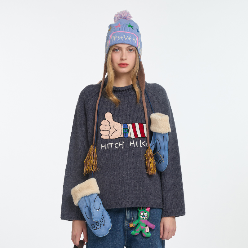 TIPSEVEN 原创设计新款卡通可爱街头宽松搭车圆领卷边套头毛衣