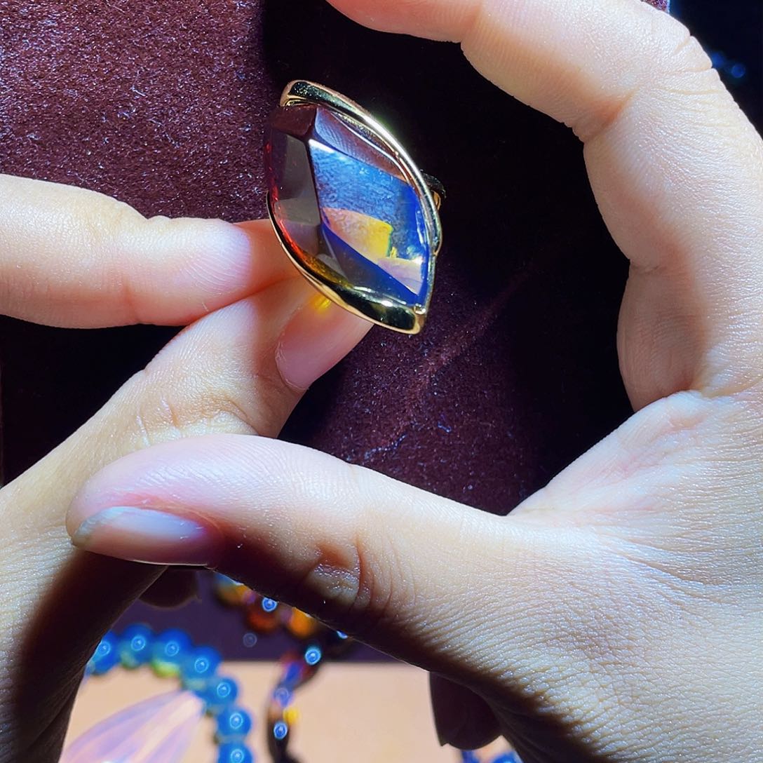 蓝珀裸石银S925镶嵌红蓝戒指