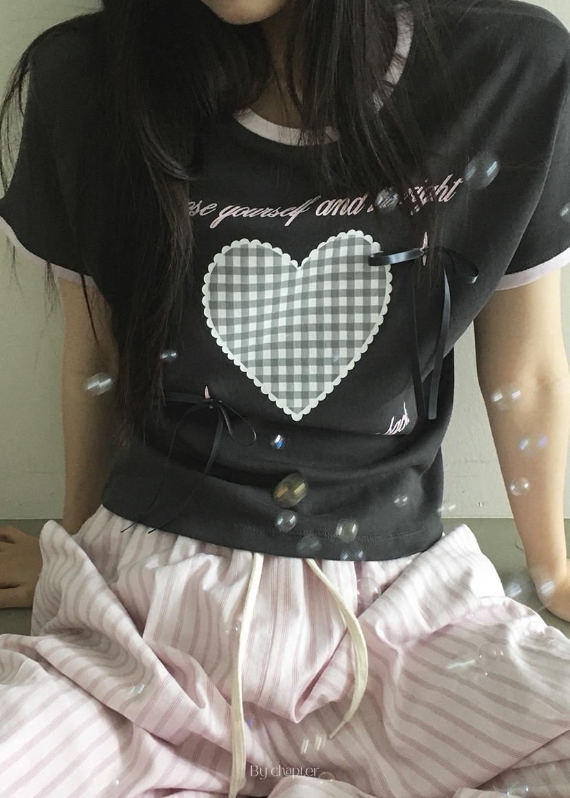 韩国东大门BY新品爱心蝴蝶结格子短袖T恤NO退NO换