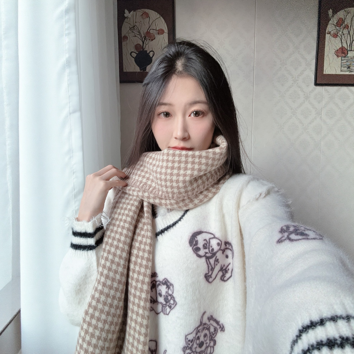 千鸟格针织围巾女秋冬加绒加厚加大保暖毛茸茸文艺围脖高级氛围感