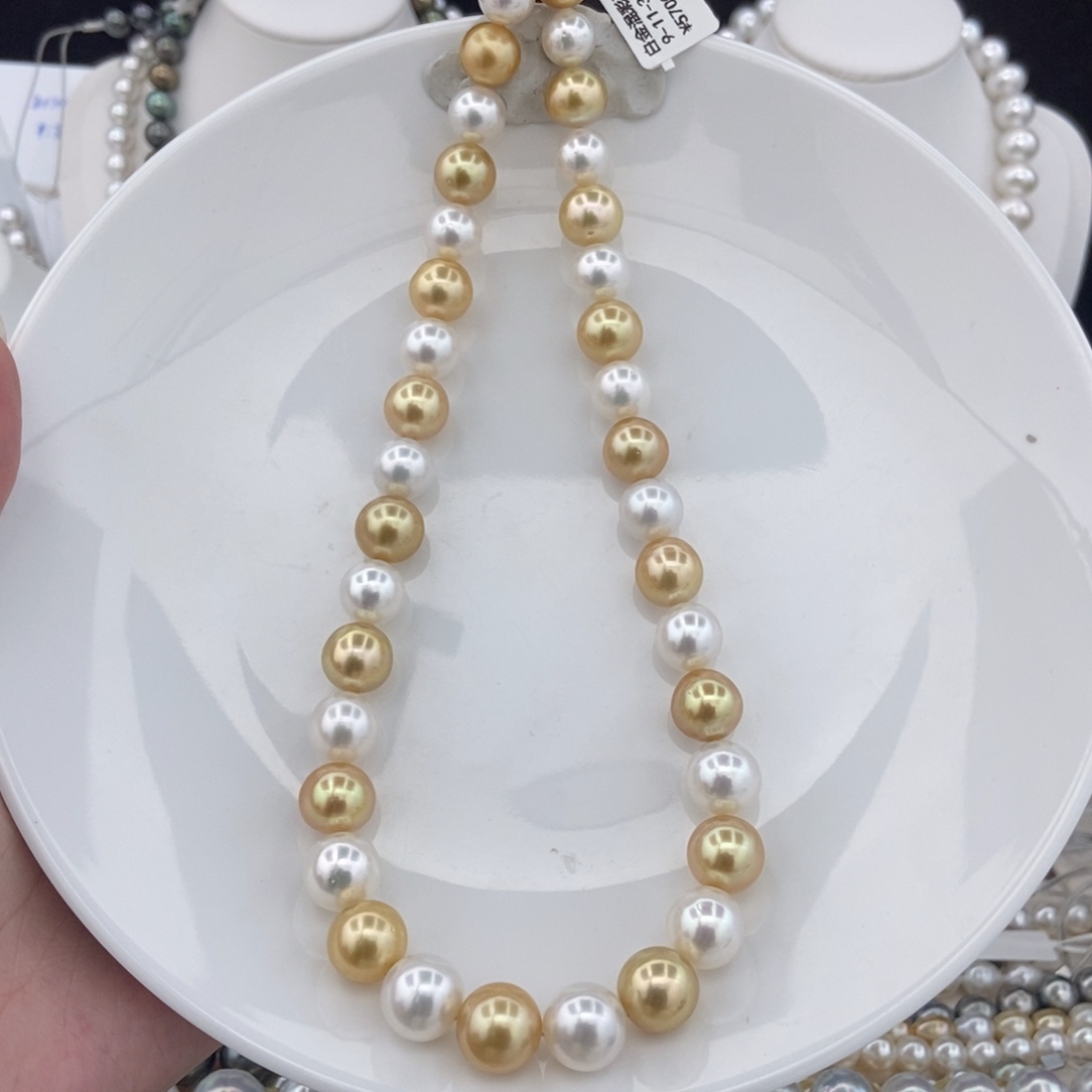 海水珍珠银S925镶嵌项链9-11/37颗 白金混彩