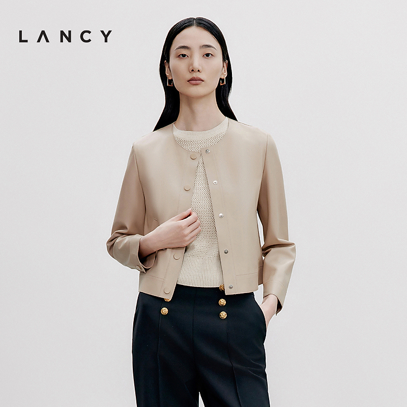 LANCY/朗姿秋季新款圆领皮夹克短外套浅色简约皮衣女
