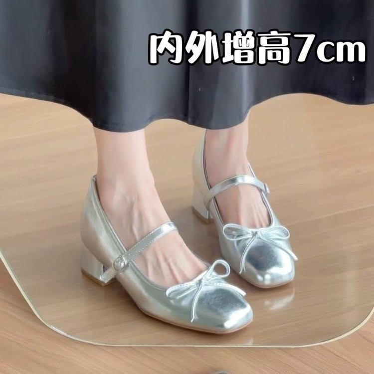 内增高7CM粉色缎面蝴蝶结高跟玛丽珍鞋女粗跟软底百搭芭蕾单鞋女
