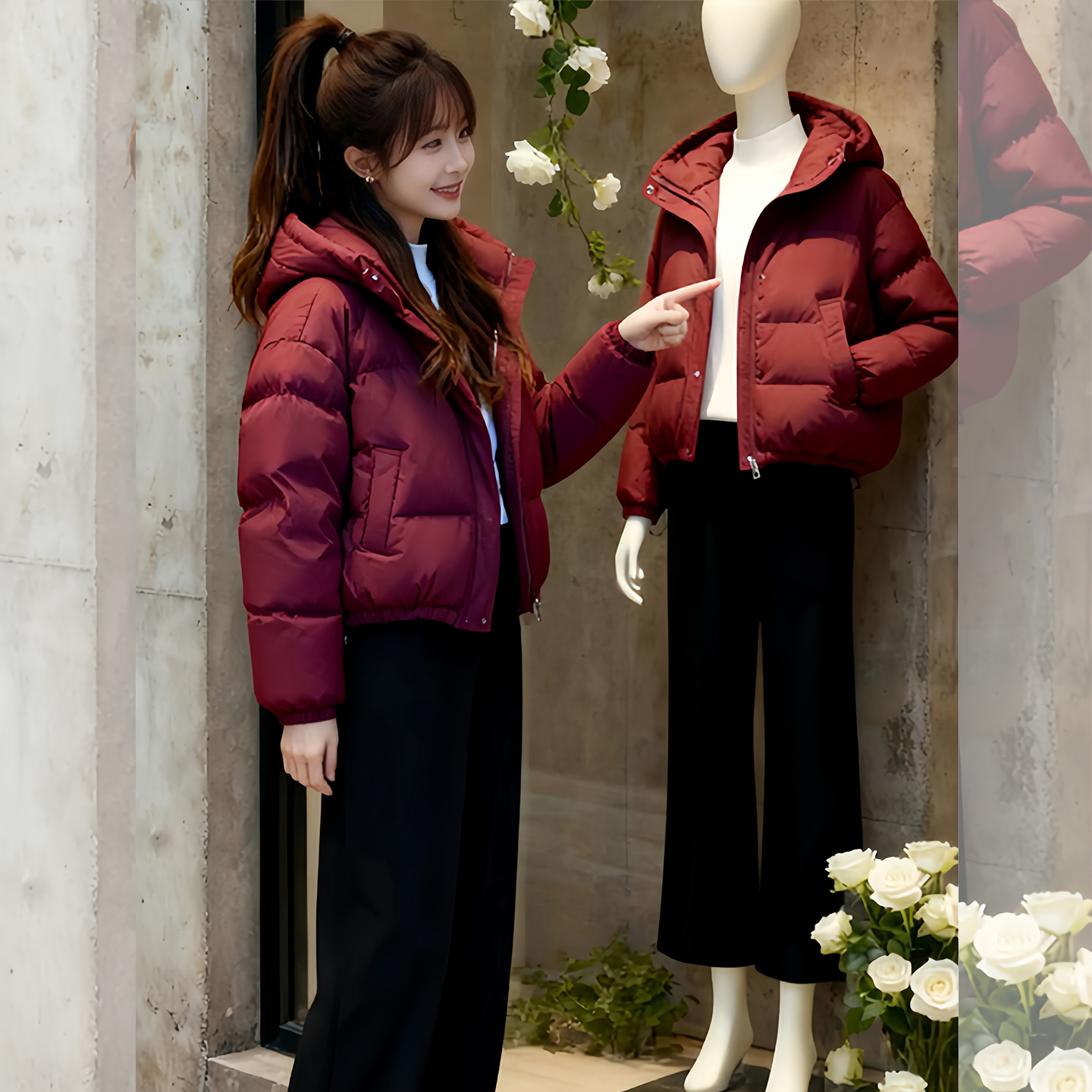 红色短款连帽羽绒服外套女小个子2025冬季新款欧货加厚保暖面包服