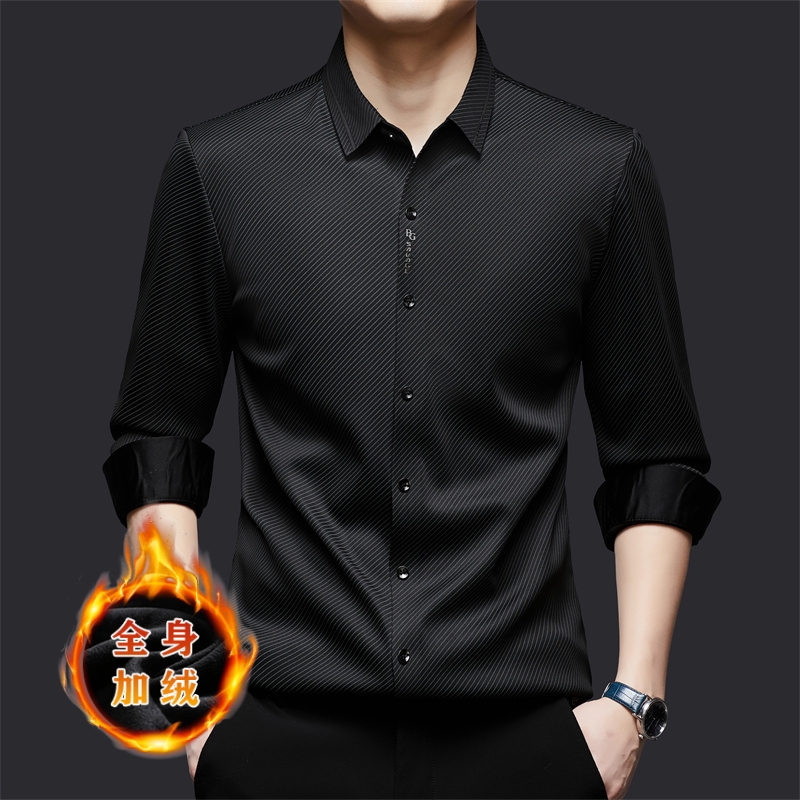 秋冬条纹保暖衬衫男 高档长袖厚款商务休闲免烫中年时尚衬衣男士