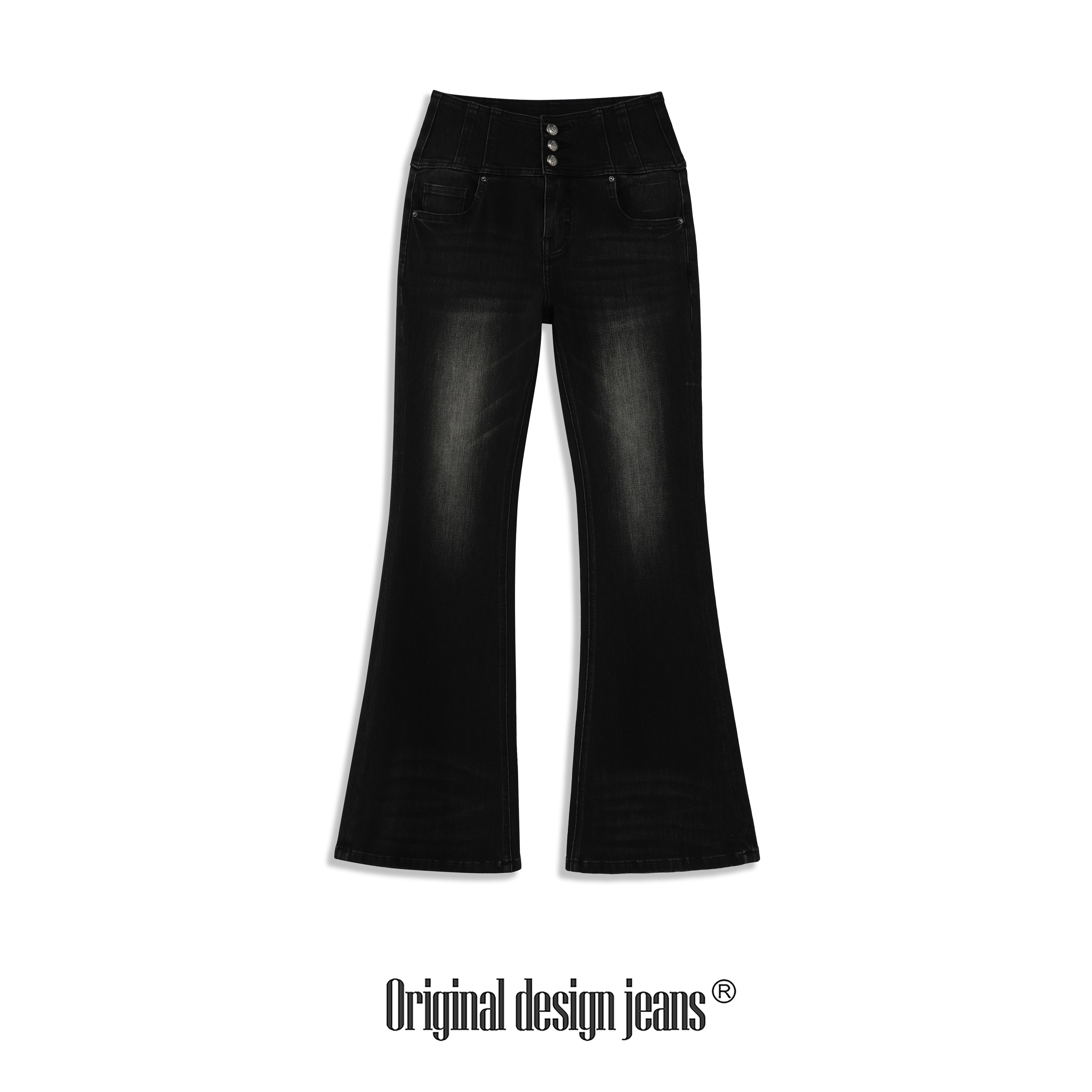 “小腰精”三粒扣高腰显瘦弹力微喇牛仔裤