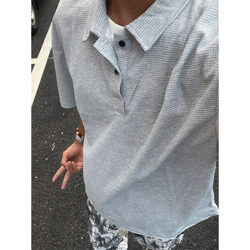 浅灰色华夫格短袖POLO衫男夏季美式复古假两件翻领t恤宽松五分袖