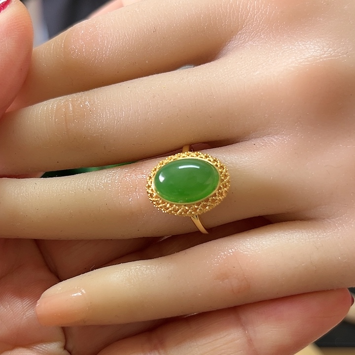 和田玉（碧玉）戒指银S925镀金镶嵌