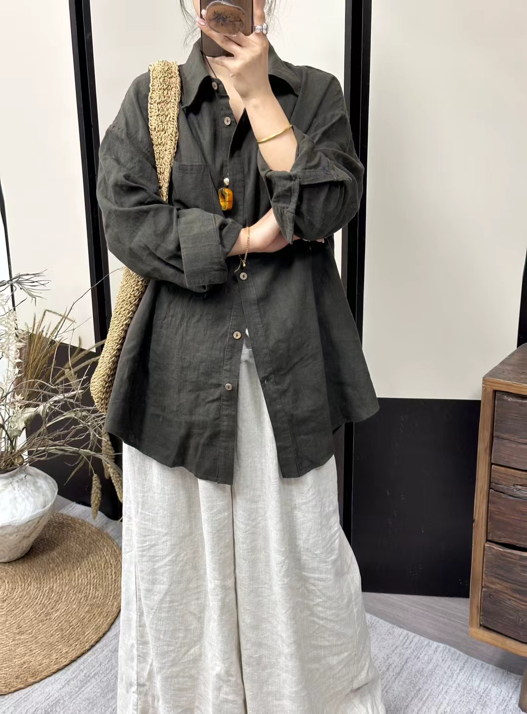 【布衣麻舍】7052亚麻翻领休闲衬衫（衣长80左右，胸围120左右）显瘦