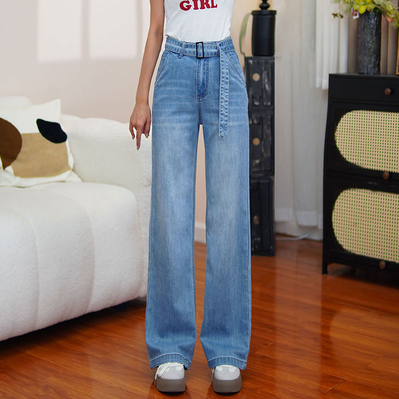 2025冰川蓝夏季薄款高腰新款牛仔裤女修身阔腿显高显瘦直筒爆款