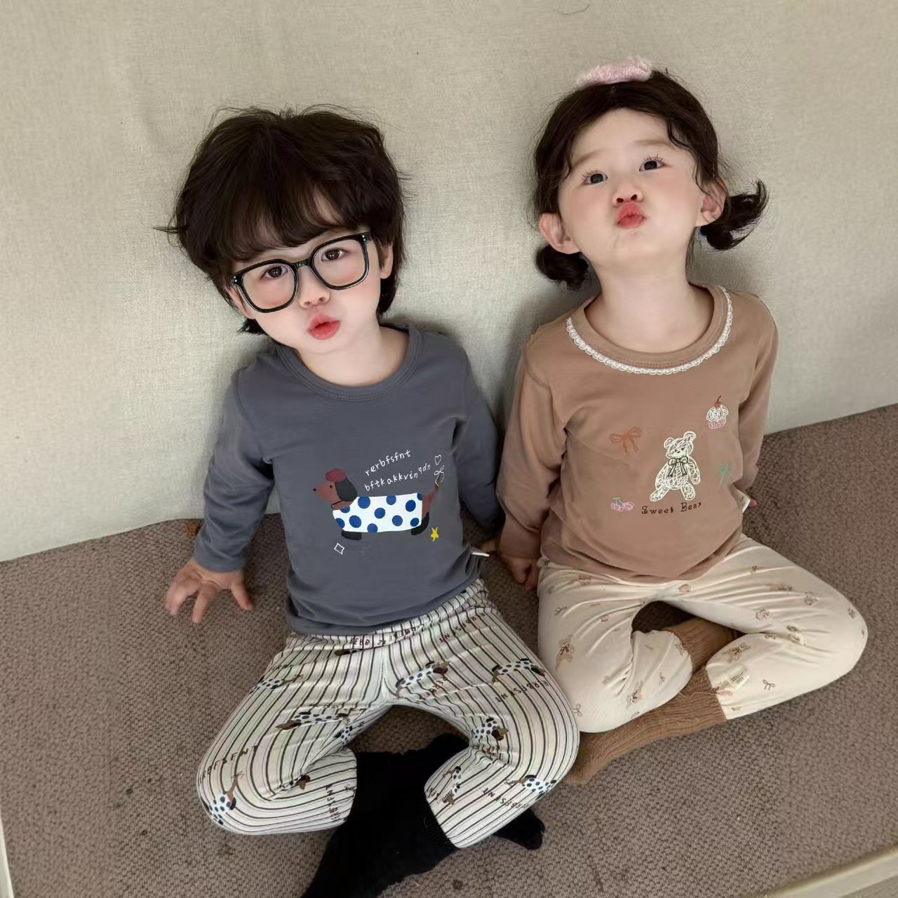 纯棉莱卡儿童A类家居服套装男女童秋衣秋裤【直播间扣号链接】