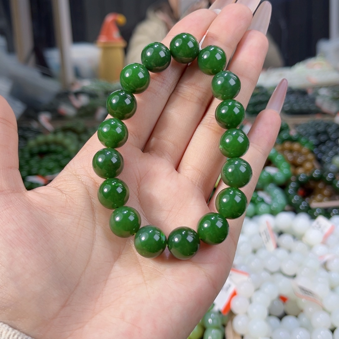 和田玉未镶嵌手链天然和田玉俄碧菠菜绿手串12