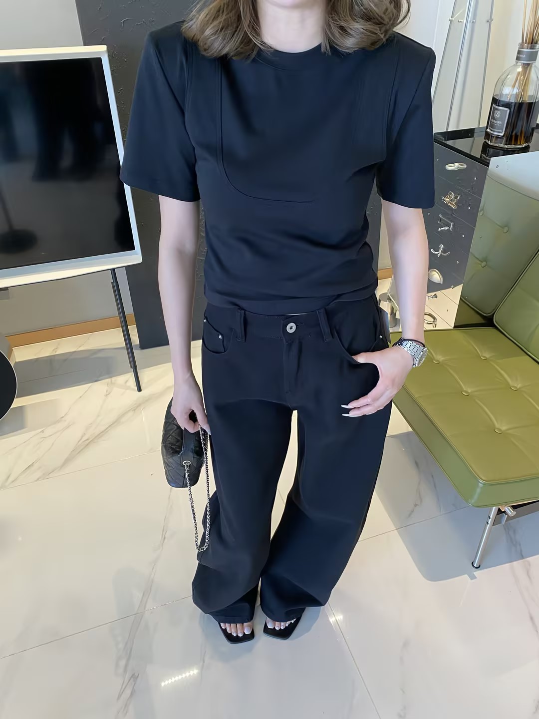 KIOKWANG//人手必备 假两件设计圆领短袖修身垫肩T恤上衣
